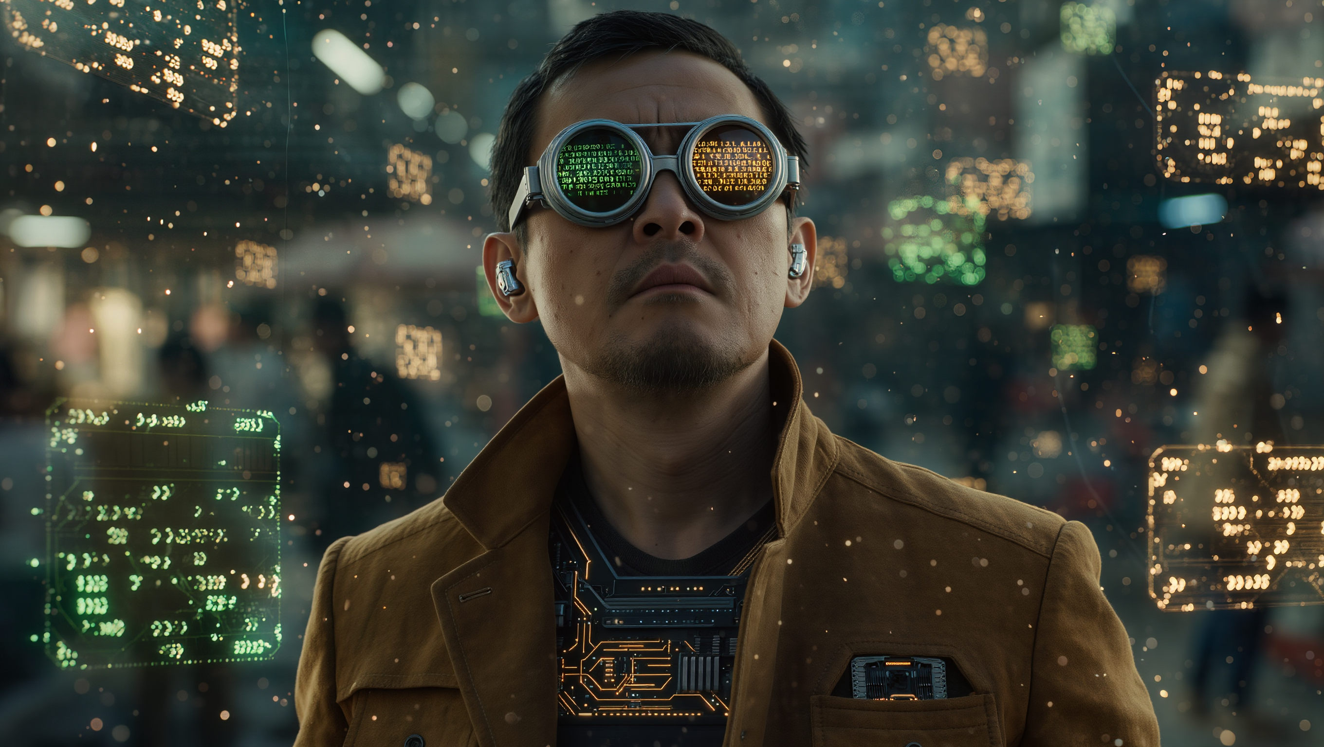 Portrait futuriste avec lunettes réfléchissantes