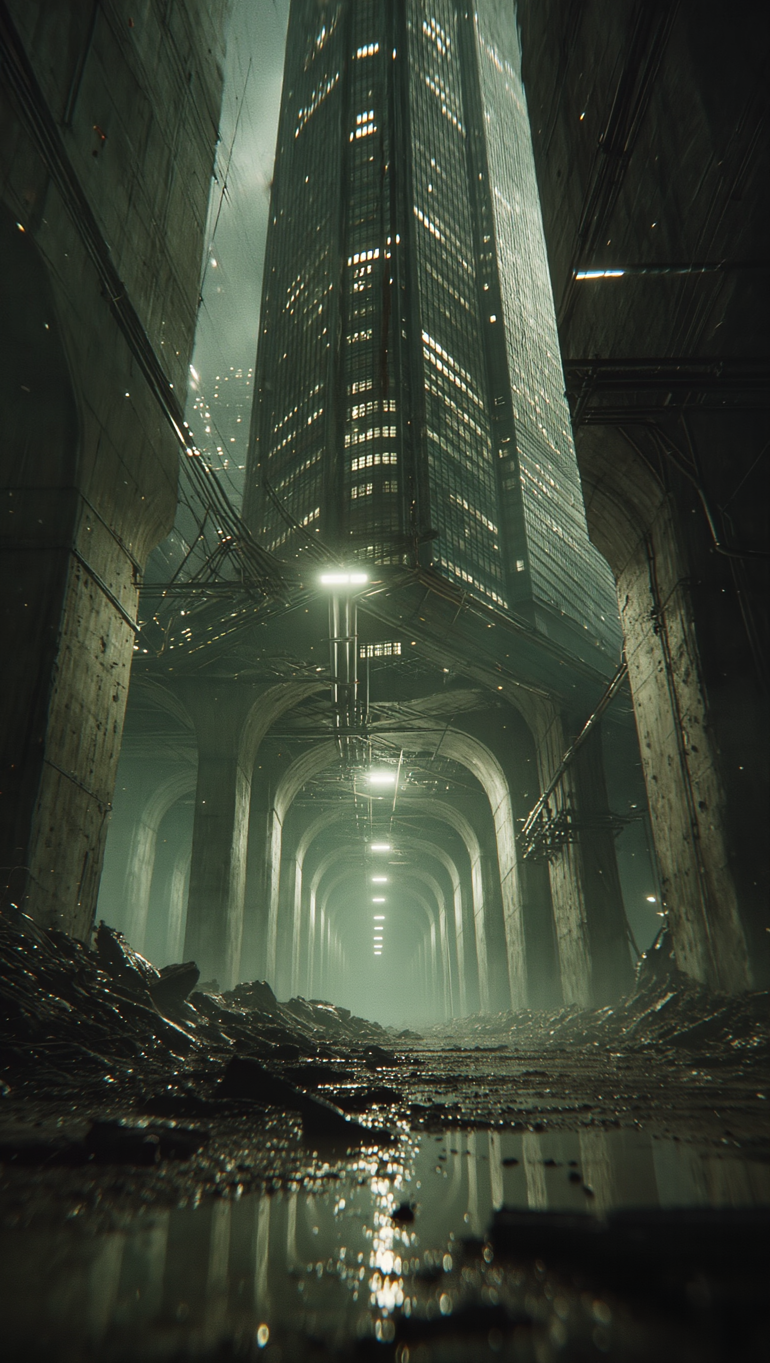 Architecture monumentale futuriste sous la pluie