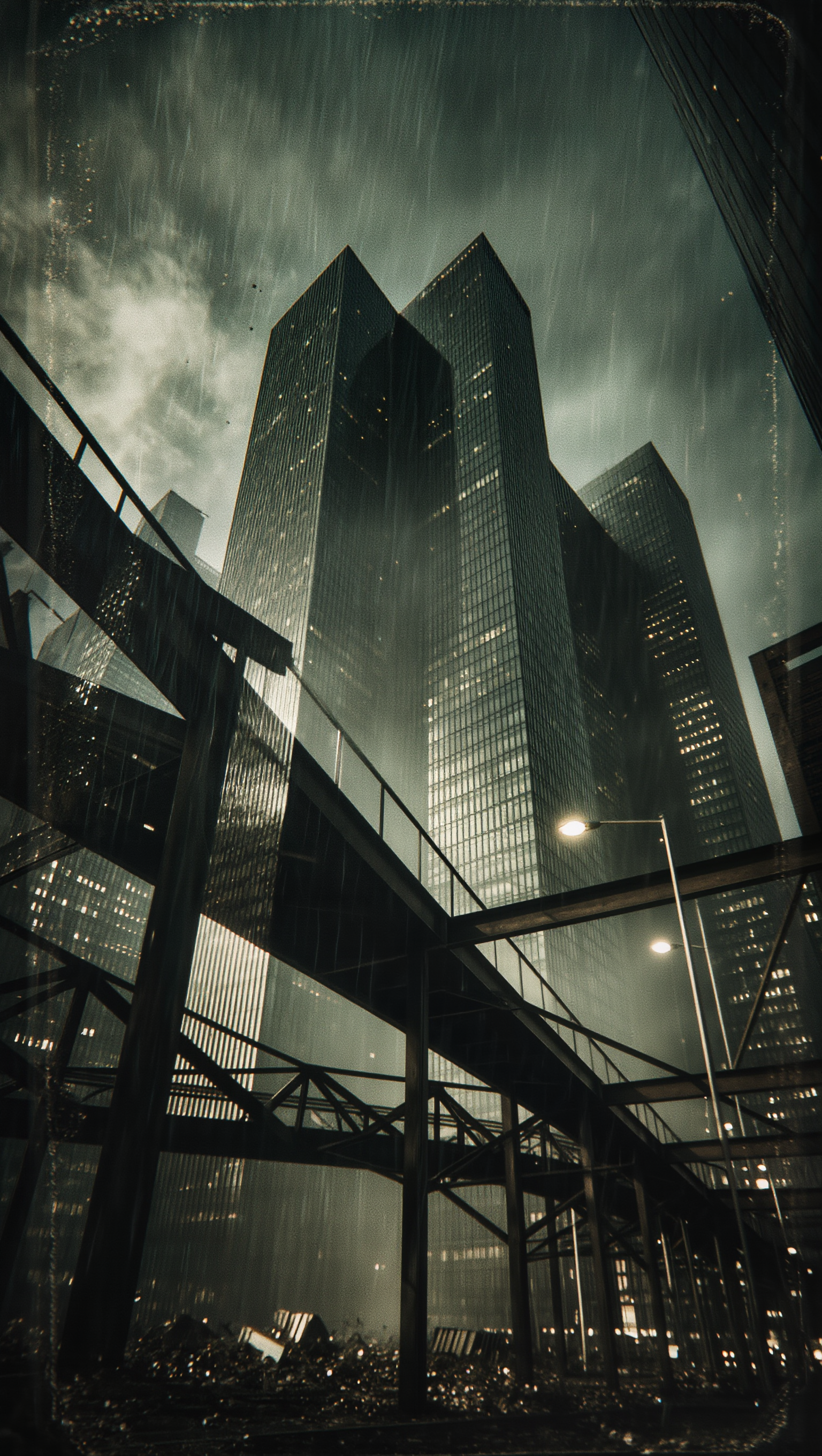 Mégastructure verticale futuriste sous la pluie